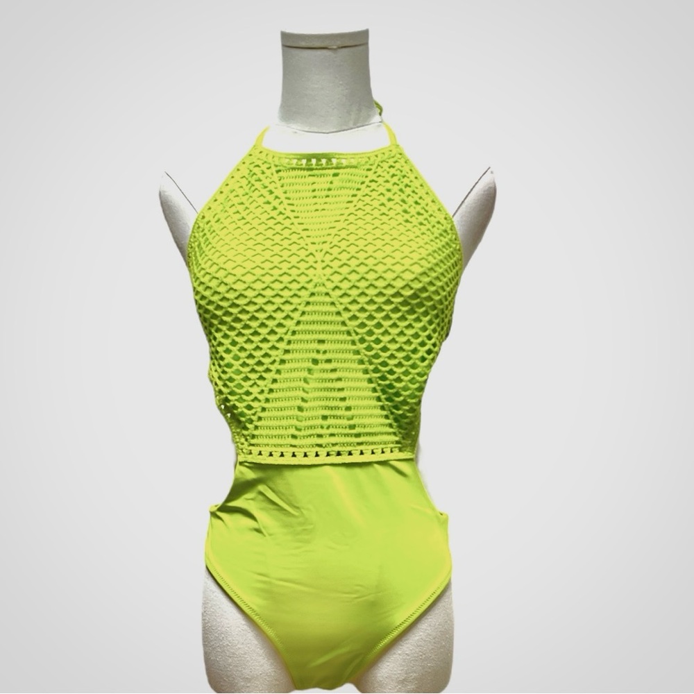 Aerie Green Crochet Halter One Piece Swimsuit Sz M